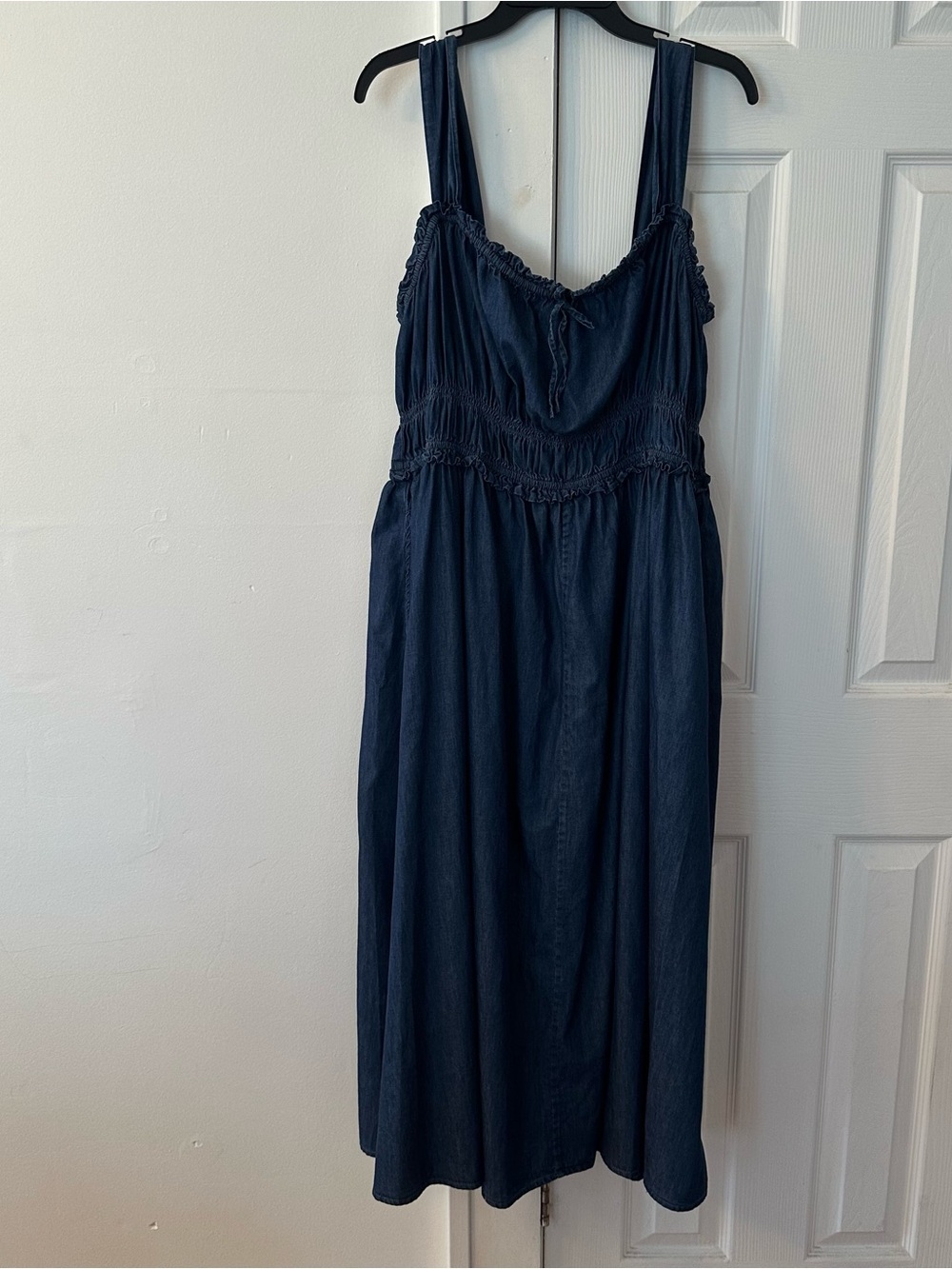 Gap Denim Milkmaid Cotton Western Smocked Tie Front Midi Casual Dress, Size XL - Picture 13 of 15